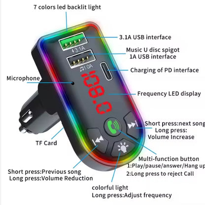 MODULATOR BLUETOOTH, ÎNCĂRCARE TIP-C, USB, APEL VOCAL, LUMINĂ RGB